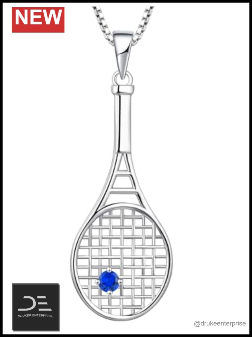Tennis Racquet Pendant Necklace 925 Sterling Silver Created Sapphire Jewelry